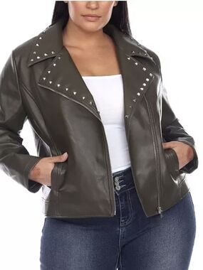 White Mark Olive Faux Leather Studded Moto Jacket